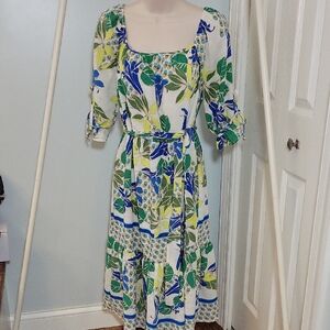 Figueoura & Flower Bohemian Tiered Ruffle Floral Midi Dress Blue and Green Small